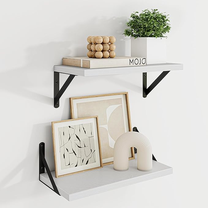 Dreamland White Floating Shelves for Wall, 16W x 8D Wall Mounted Shelves Set of 2, Floating Shelves Bedroom with Sturdy Metal Brackets for Living Room, Bathroom and Kitchen