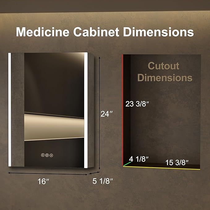 Medicine Cabinet with LED Lights and Mirror, 16 x 24 Inch Surface or Recessed Mounted Bathroom Cabinet with Door, Defogger, Memory Function, 3-Color Mode, Outlet&USB, Dimmer, Storage Shelf