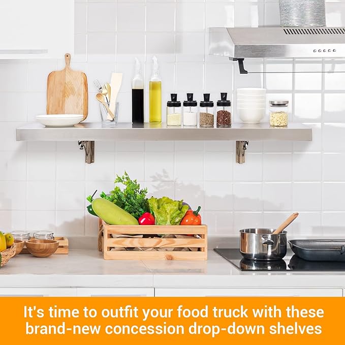 Stainless Steel Folding Concession Shelf 12" x 72" (2 Pack 12" x 36"), Drop Down Folding Serving Food Shelves, Heavy Duty Wall Mount Shelving Rack for Concession Windows, Food Truck