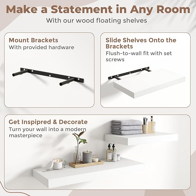 36 Inch Floating Shelves for Wall Set of 2, 12"D Wood Grain Bathroom Shelves with Invisible Brackets, Easy Install Engineered Wood Storage Shelves for Kitchen, Living Room, Bedroom, White Finish