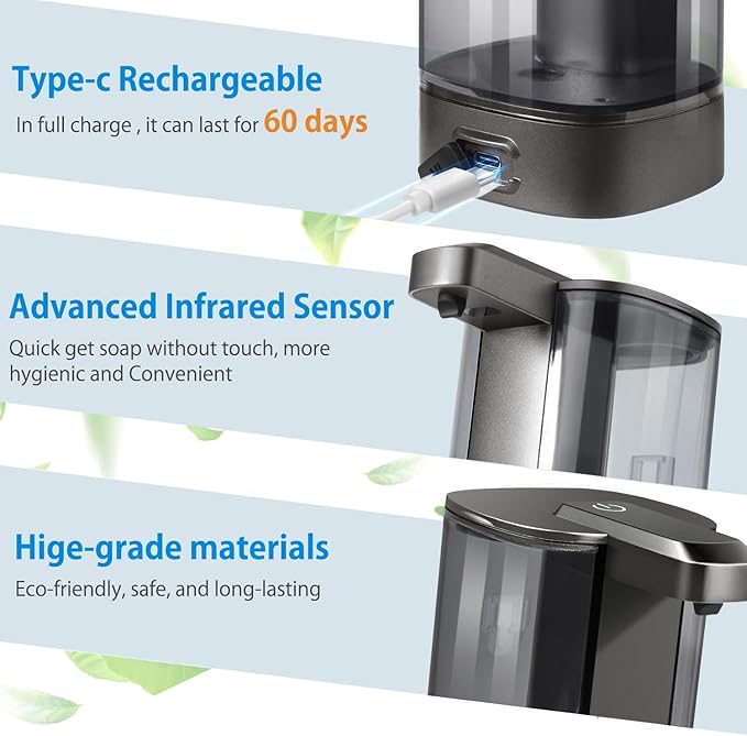 Automatic Liquid Soap Dispenser, Rechargeable, Touchless, 17oz/500ml with 4 Adjustable Soap Levels, Wall Mount & Waterproof, Liquid Hand/Dish Soap Dispenser for Bathroom Kitchen