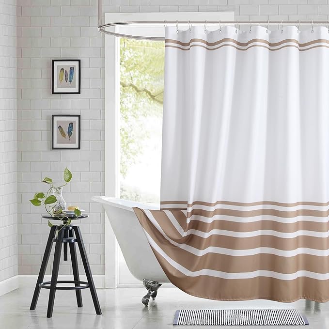72x90 Inch Extra Long Shower Curtain, Beige and White Ombre Striped Waterproof Fabric, Modern Hotel Spa Design with 12 Rustproof Grommets & Weighted Hem