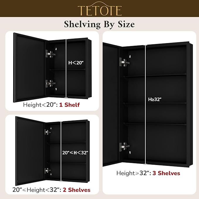 TETOTE 24 x 32 Medicine Cabinet with Mirror with Tempered Beveled Mirror Black Medicine Cabinet Aluminum Cabinet DTC Hinges, Stepless Adjustable Shelves, Recessed/Surface-Mounted