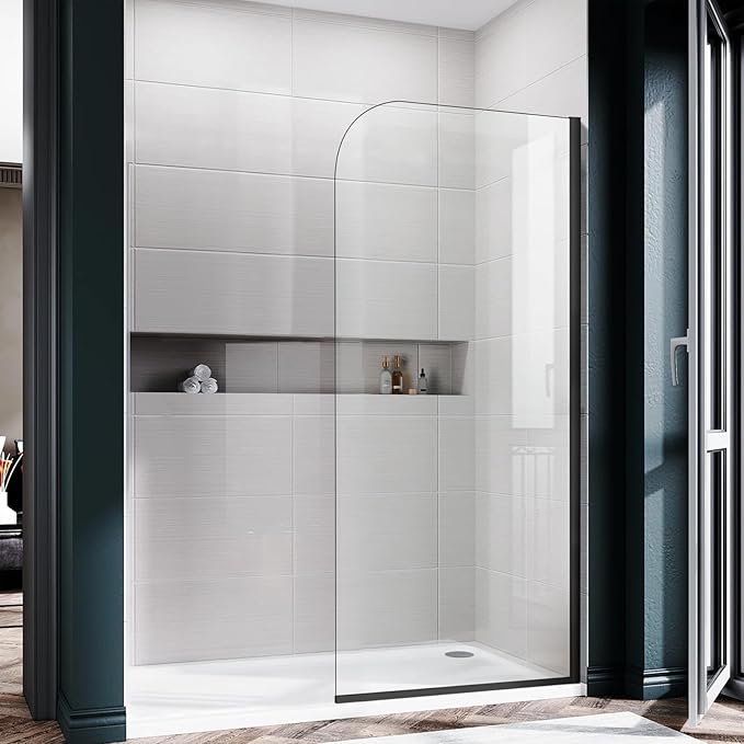 Glass Shower Panel, 34" W x 74" H Semi-Framed Fixed Shower Glass Panel in Matte Black with 5/16"(8mm) Clear Tempered Glass Door, Simple Shower Door Panel for Bathroom
