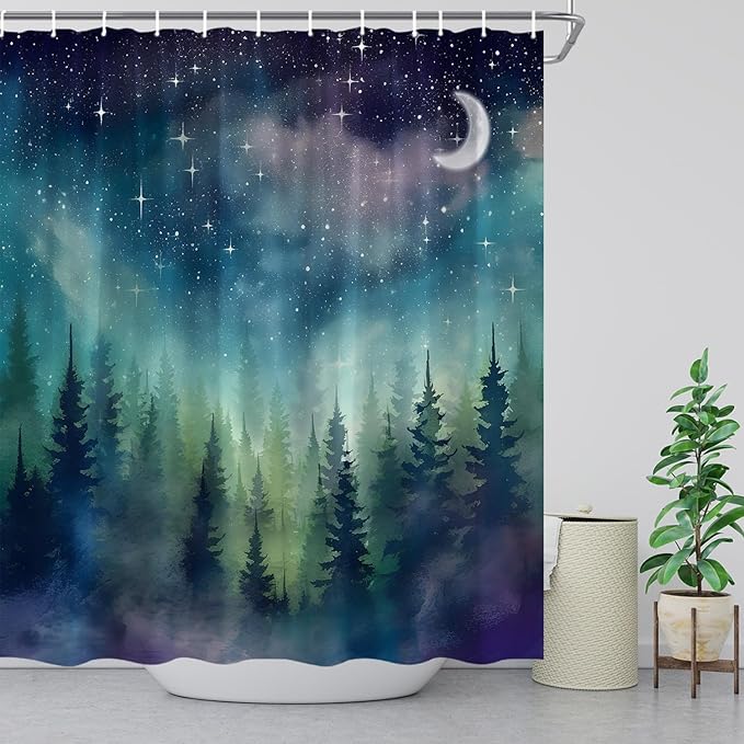 Forest Moon Shower Curtain Watercolor Misty Forest Fantasy Starry Sky Galaxy Nature Gothic Scenery Abstract Outdoor Bathroom Decor Curtains with Hooks, Purple 70" L x 59" W