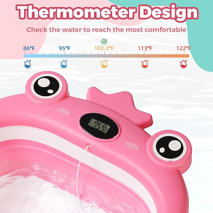 Baby Bathtub,Collapsible Baby Bath Tub with Soft Cushion & Thermometer, Space Saving Foldable & Travel Newborn Bathtub for Infant to Toddler 0-36 Months, Frog Beige