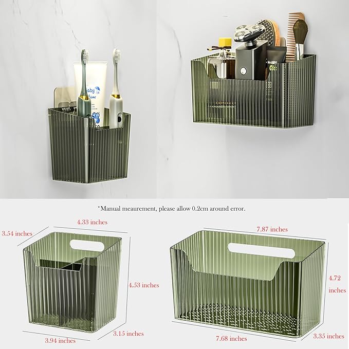 Set Of 2 Storage Organizer Bins Wall Mounted Shower Caddy, Bathroom shelves Stackable Clear Plastic Toothbrush Holder Adhesive Hanging Bin for Bathroom, Kitchen, Cabinet, Shower BPA Free Small (Green)