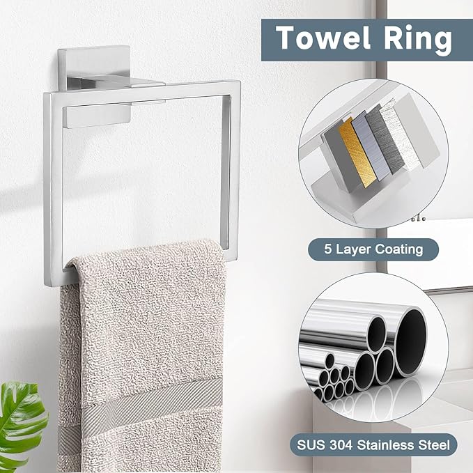 Brushed Nickel 5-Piece Bathroom Hardware Accessories Set-Towel Bar & Holder Set for Bathroom, SUS304 Stainless Steel Bathroom Accessories Set Wall Mounted,16-Inch