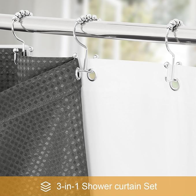 3 in 1 Stall Half Size Charcoal Grey Shower Curtain Set-36 W x 72 H, Modern Waffle Waterproof Fabric and PEVA Liner Set with Stainless Steel Hooks