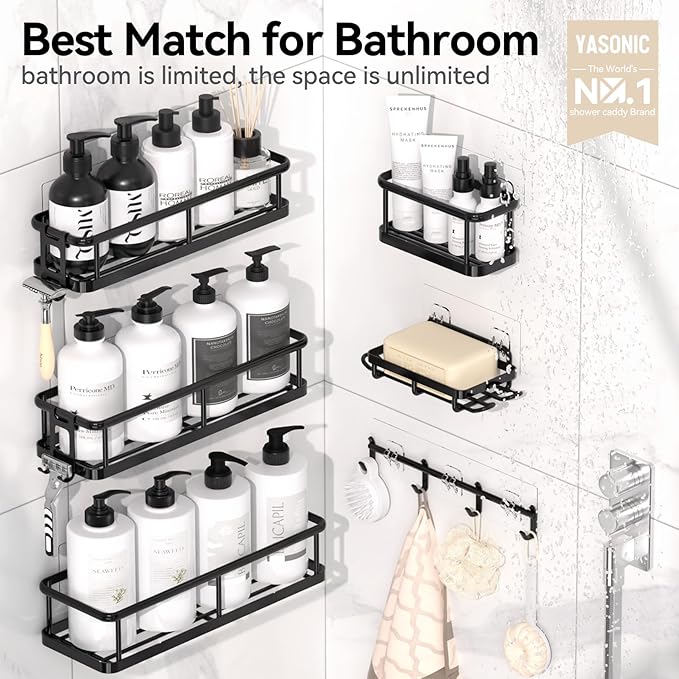 YASONIC Shower Caddy, 100% Rustproof Shower Organizer with Soap Holder, 6 Pack Large Capacity Shower Shelves for Inside Shower, No Drilling Bathroom Organizers and Storage for Kitchen & Home Decor