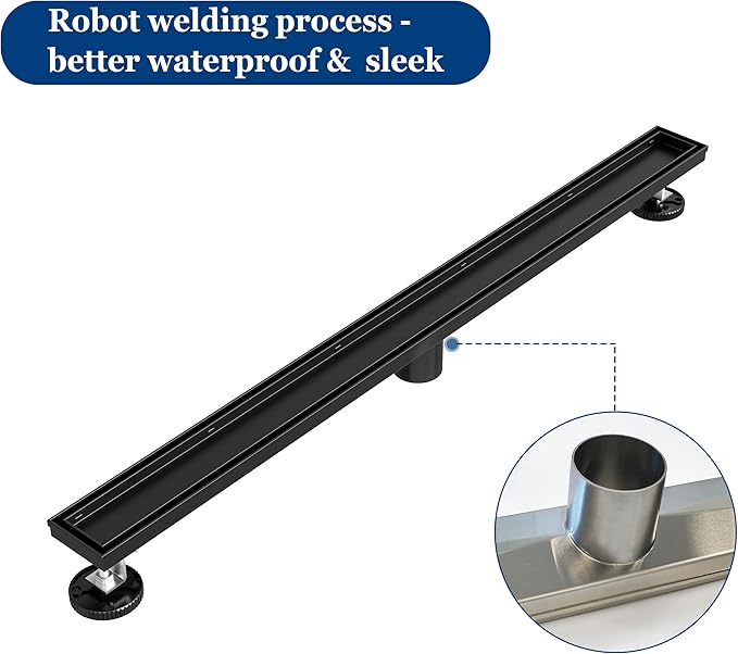 Neodrain 48-Inch Linear Shower Drain with Tile Insert Grate, Matte Black 304 Stainless Steel Rectangle Shower Floor Drain, Linear Drain with Leveling Feet, Hair Strainer