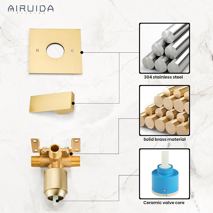 Airuida Square Single-Function Brass Faucet Shower Rough-in Valve Male Thread Bathroom Trim Kit Single Handle Tub Shower Valve 4.3 Inch Cover Plate Brushed Gold