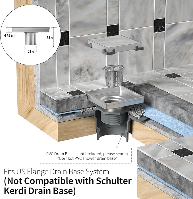 Square Shower Drain 6", Brushed Floor Drain with Tiled Insert Grate & Hair Strainer, 304 Stainless Steel Bathroom 2-in-1 Tiled in Drain, CUPC Certified (Brushed, 6'')