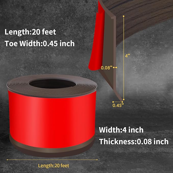 Flexible Baseboard Molding Trim 4 Inch Self-Adhesive Vinyl Wall Base Peel and Stick Cove Base Rubber Wall Baseboard Moulding Trim (20Ft, Brown Oak)