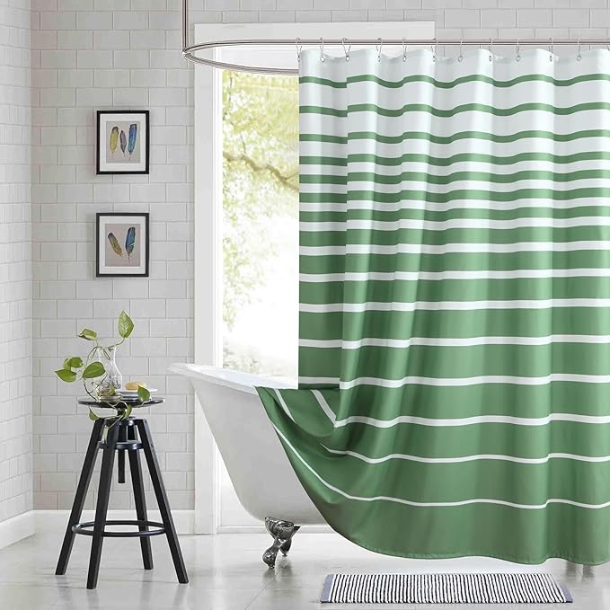 Extra Long Green Shower Curtain, Sage Green and White Stripe Waterproof Polyester Shower Curtains for Bathroom, 72x84 Inches