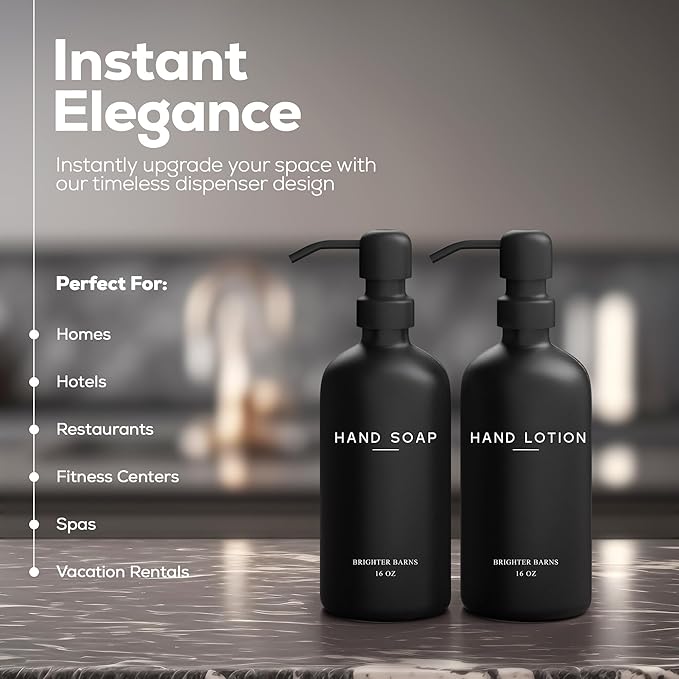Black Glass Soap and Lotion Dispenser Set by Brighter Barns - Hand Soap Dispenser Bathroom Set - Bathroom Decor & Accessories for Restaurant, Gym, Office, Fitness Center, Hotel, Airbnb, Spa (Black)
