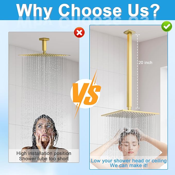 Ceiling Mount Shower Arm with Flange 20 Inches Square Straight Extender Extension Pipe Replacement, Long Shower Arm For Fixed Rain Shower Head or High Ceiling, Brushed Gold