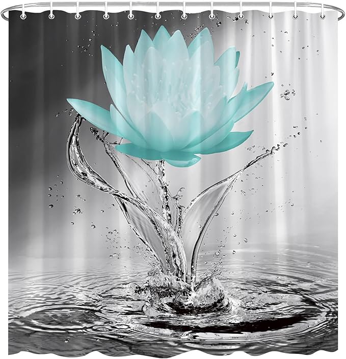 Lotus Shower Curtain Black White Grey Teal Flower Elegant Blooming Floral with Dew Spring Flower Reflection on Water Modern Romantic Polyester Fabric Bathroom Decor 70×70 Inch with Hook