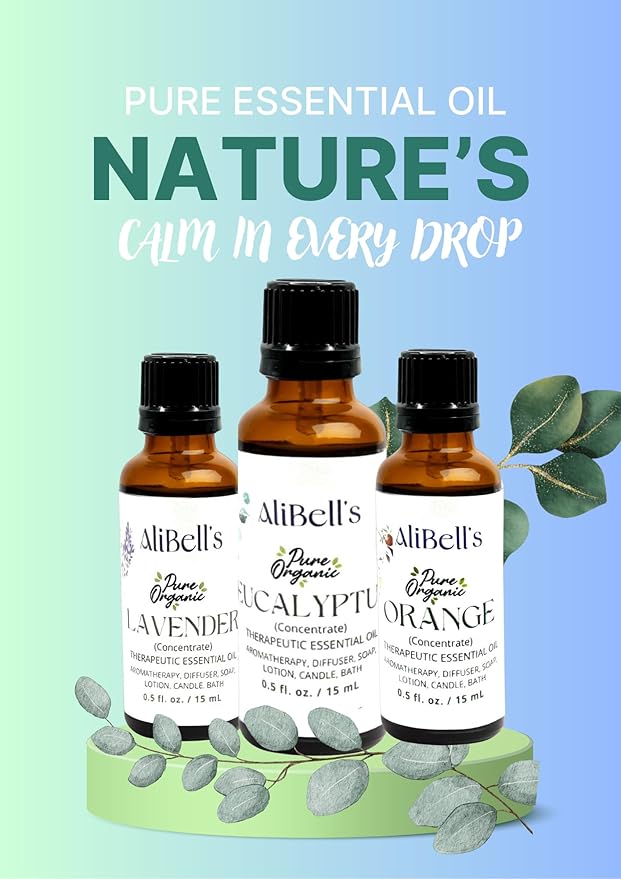 AliBell's- Essential Oils Eucalyptus - Essential Oils for Diffuser - 15 ml Undiluted Therapeutic Grade A Organic Concentrate, Multi-Purpose- Aromatherapy, Humidifier, Bath, Soap Making, Hair Care