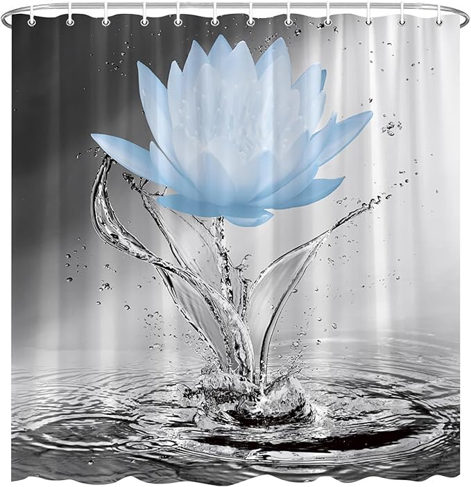 Lotus Shower Curtain Black White Grey Blue Flower Elegant Blooming Floral with Dew Spring Flower Reflection on Water Modern Romantic Polyester Fabric Bathroom Decor 70×96 Inch with Hook