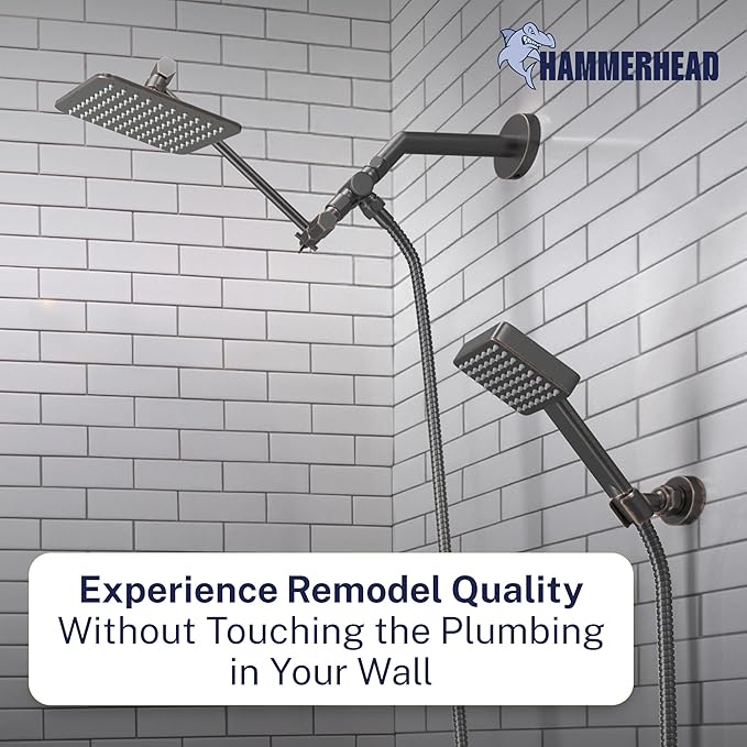 HammerHead® Solid Metal Dual Shower Head Combo — 8" Square Rain Shower Head with Handheld, 12" Adjustable Arm & Wall-Mount Holder for Flexible Installation — Oil Rubbed Bronze