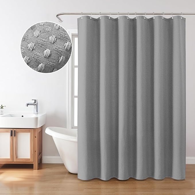 Inhousolu Fabric Shower Curtain Waffle Weave, 230 GSM Heavy Duty, Weighted Hem, 14 Metal Hooks, Water Repellent, Machine Washable, Hotel Spa Luxury Bath Curtain Set, 72 x 84 Inch, Grey