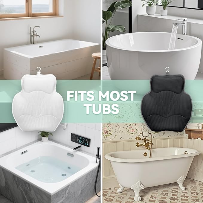 Bath Pillows for Tub - Luxury Bathtub Pillow Neck, Head, Back Support, Soft 4D Mesh Fabric and Non-Slip Suction Cups & Quick Dry, Fits All Tubs, Bath Soaking Accessories Spa Gifts, White