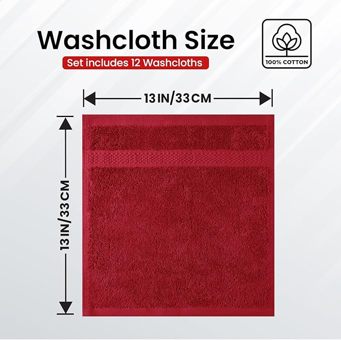 Infinitee Xclusives Luxury Wash Cloths for Showering [13x13] – 100% Cotton Washcloths [Pack of 12], Soft and Absorbent Face Towels for Bathroom Wash Clothes, Gym, and Spa (Burgundy)