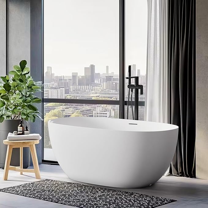 Stone Resin Freestanding Bathtubs,Soklawah 63" Solid Surface Luxury Soaking Tub,Oval Stand Alone Bathroom Bath tub with Drain & Integrated Slotted Overflow,Matte White Elegant Soaker Free Standing Tub