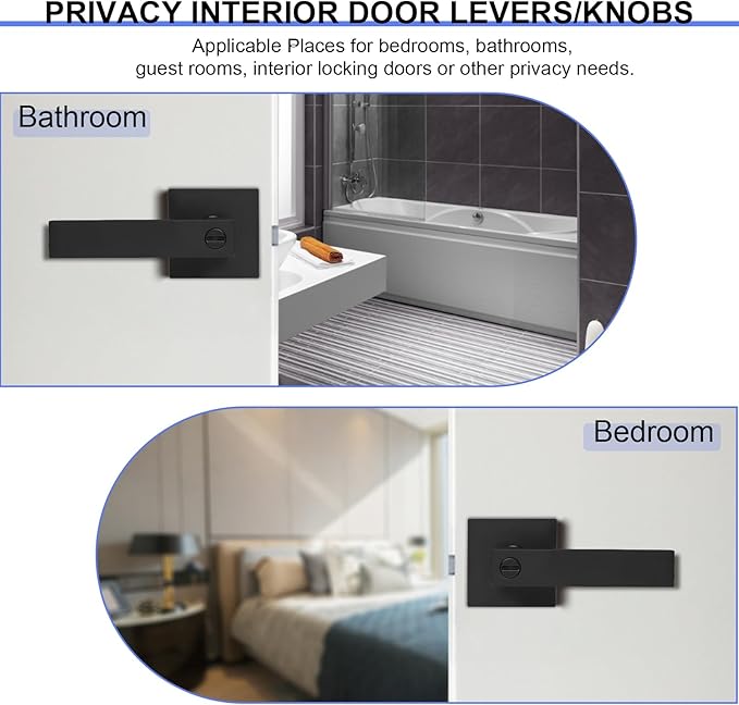 Privacy Door Levers, 3 Pack Matte Black Door Handles Heavy Duty Bed and Bath Door Locks Interior Keyless Locksets, Reversible for Left Right Handed Doors