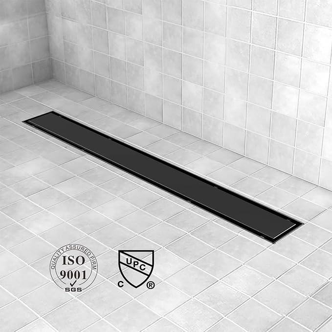 Offset Linear Shower Drain, Black Shower Drain 36 inch with 2-in-1 Tile Insert Cover, Brushed 304 Stainless Steel Side Outlet Black Shower Floor Drain with Hair Catcher and Adjustable Feet