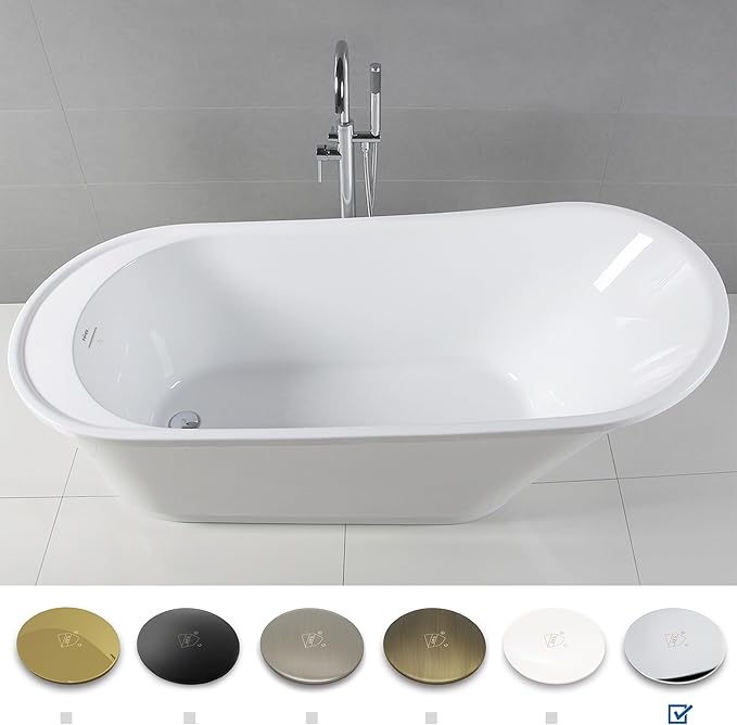 FerdY Langkawi 67" Acrylic Freestanding Bathtub, White Modern Stand Alone Soaking Bathtub, cUPC Certified, Chrome Drain and Minimalist Linear Design Overflow Included, Easy to Install