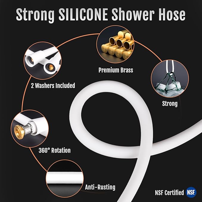 Premium Silicone Shower Head Hose, Kink-Free Handheld Extension, RV Replacement, 60 Inches, White