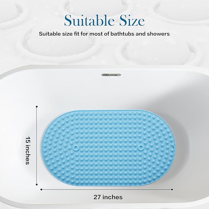 Silicone Bathtub & Shower Mat Non Slip, Bubble Massage Anti Slip Shower Floor Mat with 27 x 15 Inches for Easy Storage, Machine Washable Bath Mat for Tub with All Ages, Blue, Oval