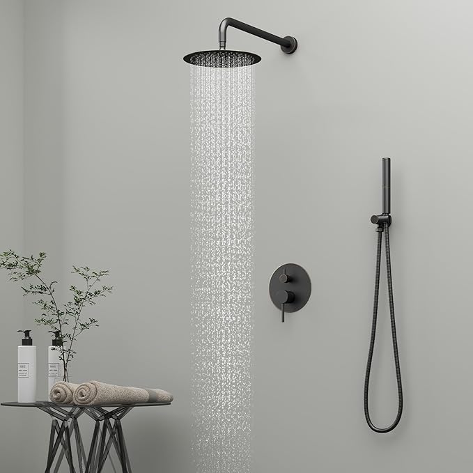 BESy Shower System with 10 Inch Round Rain Shower Head and Handheld Wall Mounted, High Pressure Rainfall Shower Faucet Fixture Combo Set with 2 in 1 Handheld Showerhead for Bathroom, Oil Rubbed Bronze
