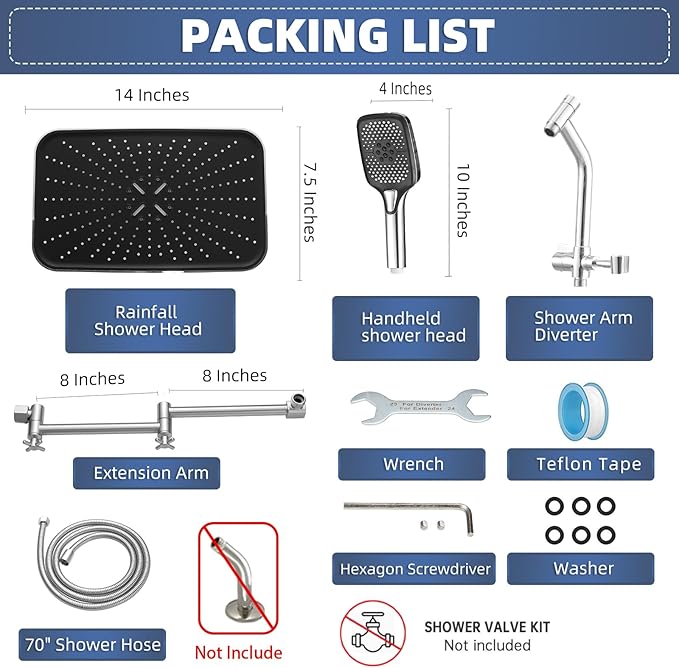 14" High Pressure Rain/Rainfall Shower Heads With Handheld Spray Combo (3+1 Settings & Built-in Power Wash Mode), Double/Dual Shower Head With Handheld - Height/Angle Adjustable(Polished Chrome)