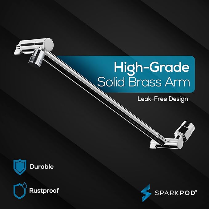 SparkPod Round Rain Shower Head with Shower Head Extension Arm - High Pressure Rain - Luxury Modern Look - No Hassle Tool-less 1-Min Installation (16" Shower Arm Extension, Luxury Polished Chrome)