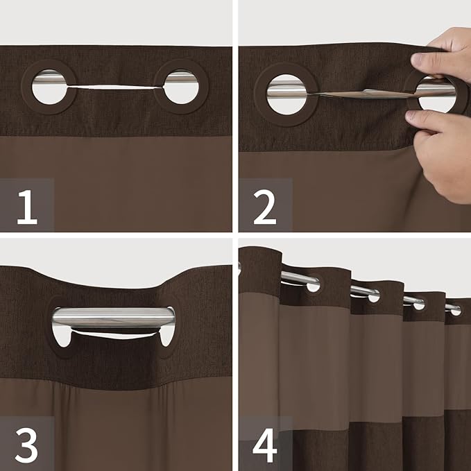 No Hooks Needed Linen Textured Shower Curtain with Snap-in Fabric Liner Set,Hotel Luxury Decor Shower Curtains for Bathroom with Mesh Top Window,Waterproof & Washable,71Wx74H,Brown