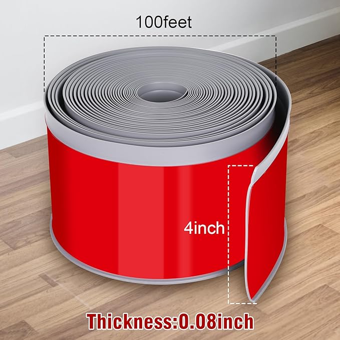 Vinyl Baseboard Molding Trim 4 Inch x 100 Feet Peel and Stick Baseboard Trim Flexible PVC Cove Base Moulding Self-Adhesive Trim for Garage Bathroom Cabinet Floor Walls, Gray