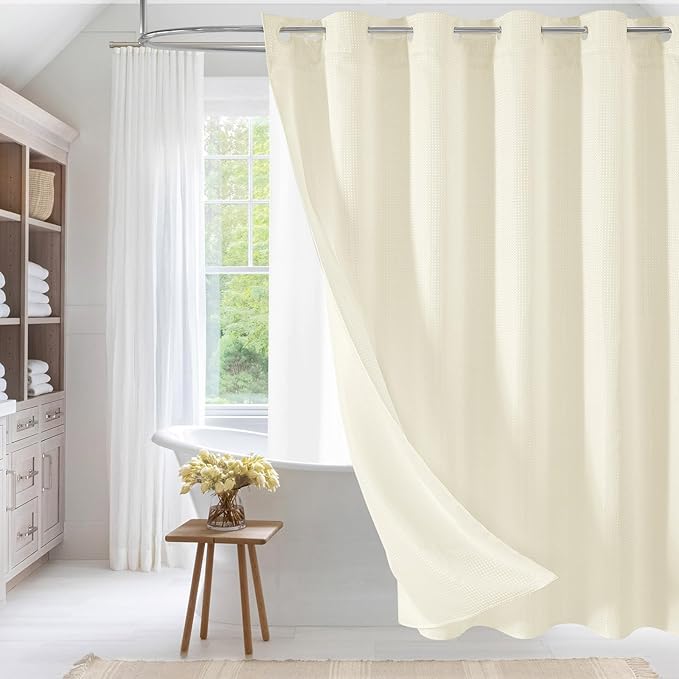 MitoVilla Ivory Long Shower Curtain Liner Set 72 x 80, No Hooks Needed 80 inch Long Heavyweight Waffle Fabric Shower Curtain Set with Snap-in Liner for Hotel Grade Spa-Like Bathroom Decor, Ivory/Beige