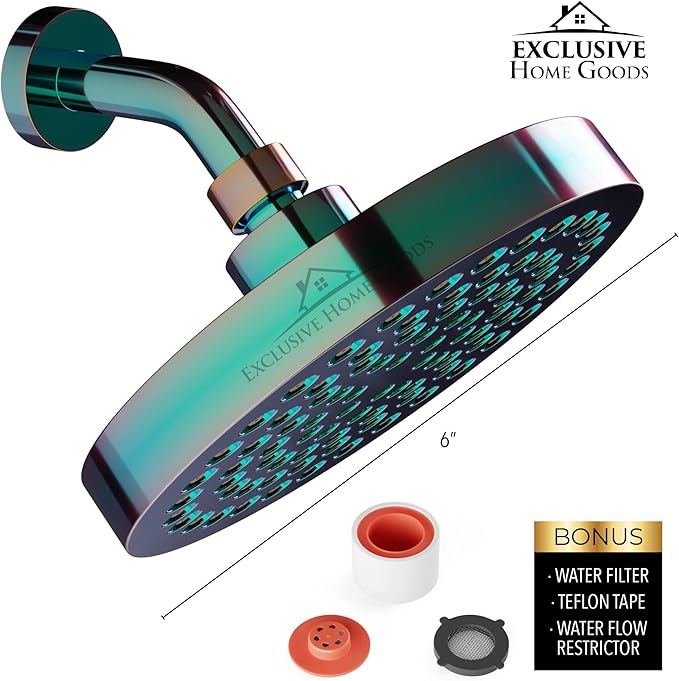 Rainfall Shower Head - 6" High Pressure Shower Heads - 1.8 GPM Shower Heads with Anti-Clog 90 Rubber Jets - 360° Rotation Adjustable Shower Head - Rustproof Bathroom Shower Head - Polished Rainbow