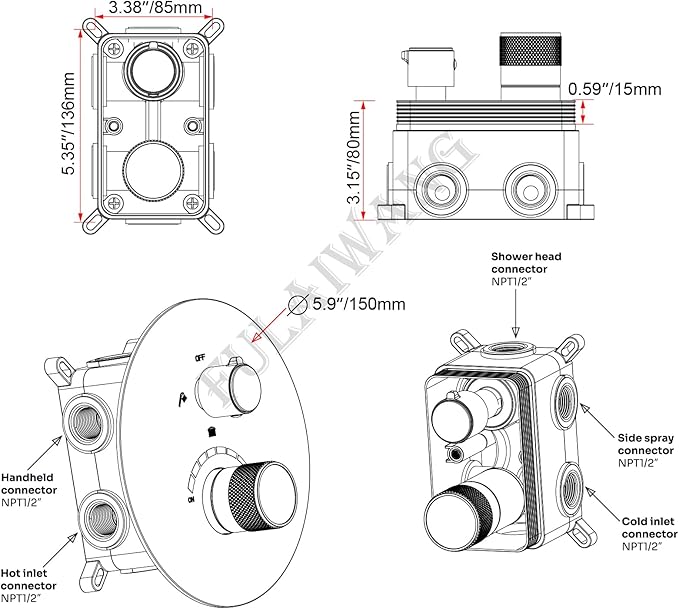 Temperature Display Shower Valve 3 Way Brass Rough-in Mixer and Round Trim Kit, Triple Function Digital Shower Diverter, Chrome