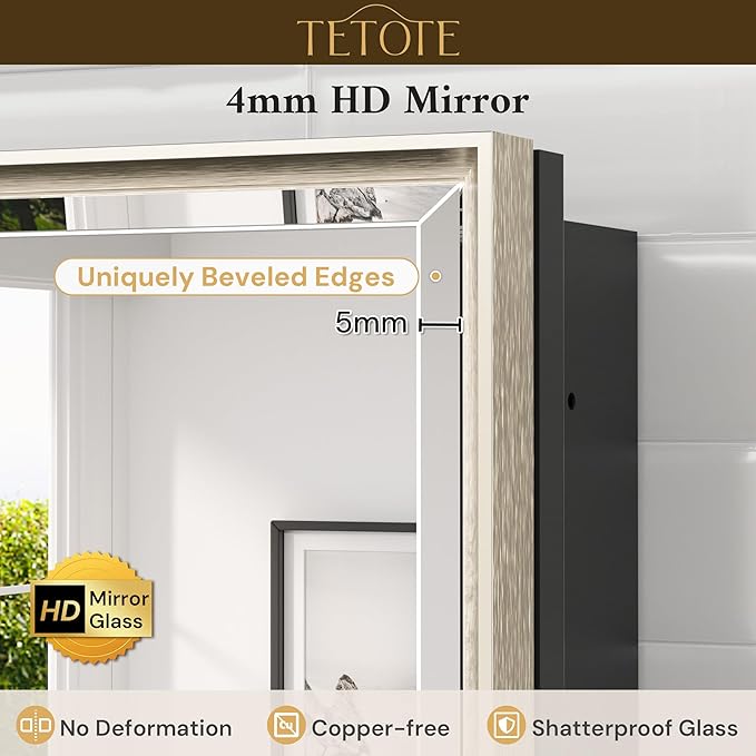 TETOTE Brushed Nickel Medicine Cabinet 24" x 30" Bathroom Mirror with Storage HD Glass Beveled Aluminum Frame Stepless Adjustable Shelves, Recessed or Wall Mount