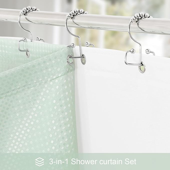 3 in 1 Stall Half Size Mint Green Shower Curtain Set-36 W x 72 H, Modern Waffle Waterproof Fabric and PEVA Liner Set with Stainless Steel Hooks