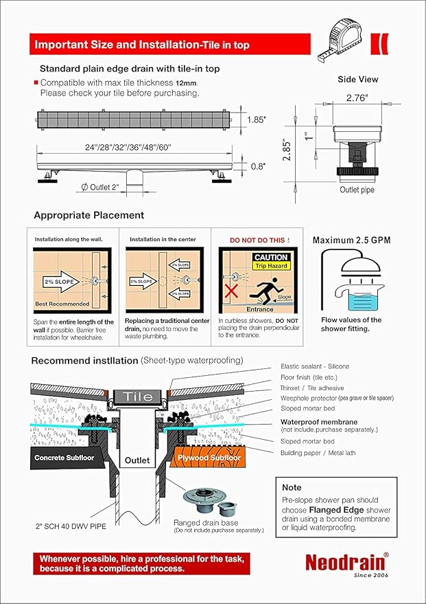 Neodrain 24-Inch Linear Shower Drain with Tile Insert Grate,Brushed 304 Stainless Steel Rectangle Shower Floor Drain, Linear Drain with Leveling Feet, Hair Strainer