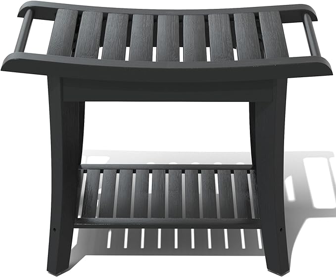Bamboo Shower Stool Bench Waterproof with Storage Shelf for Shaving Legs or Spa Bath Seat in Bathroom & Inside Shower for Adults Seniors Elderly (24 x 13.4 x 18.5 inches+Black)