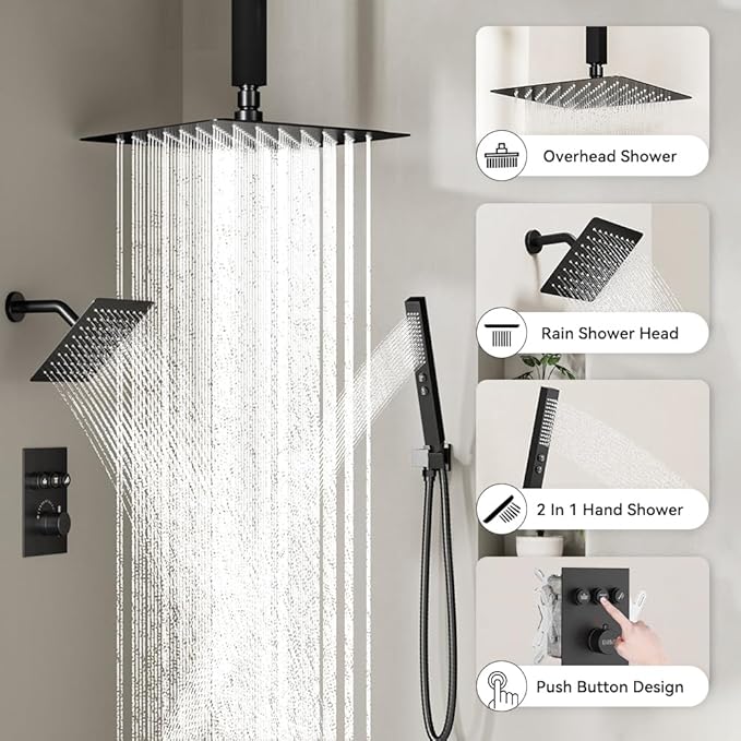 Shower Faucet Set Matte Black Shower System,12" Ceiling Rainfall and 6" Wall Mount Rain Shower with 2 in 1 Handhled, Can Use All at Once, Thermostatic Shower Set with Valve and Trim Kit