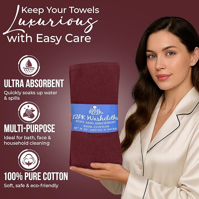 DAN RIVER 12 Pack Wash Cloths for Showering [12x12] - 100% Cotton Washcloths Premium Quality Flannel Face Cloths for Bathroom, Highly Absorbent and Soft Feel Wash Clothes, Pomegranate