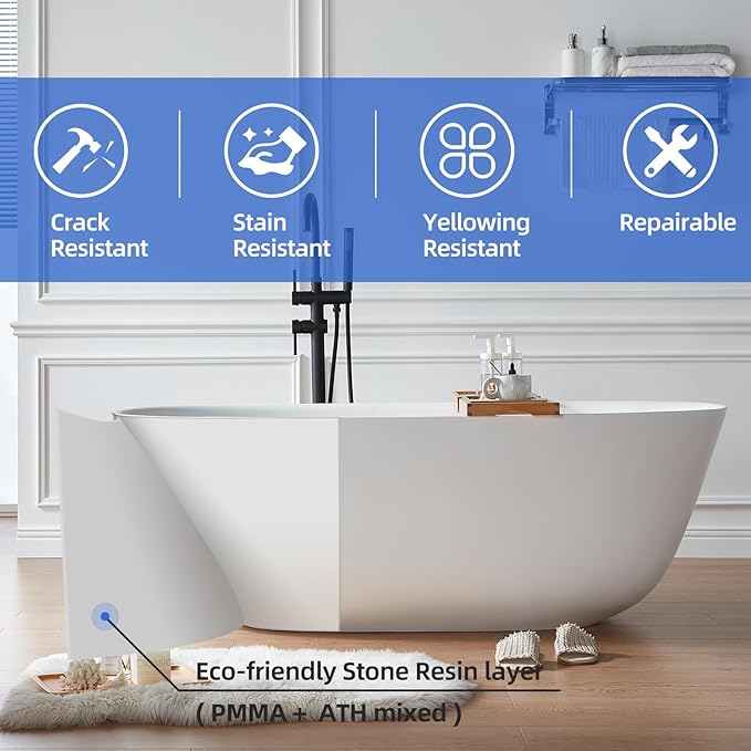 Cpingao 66.9"Lx33.5"Wx22"T Stone Resin Solid Surface Freestanding Bathtub, Modern Elegant Design Soaking Stand Alone Tub, Matte White, Nickel Drain and Overflow Included 8823A