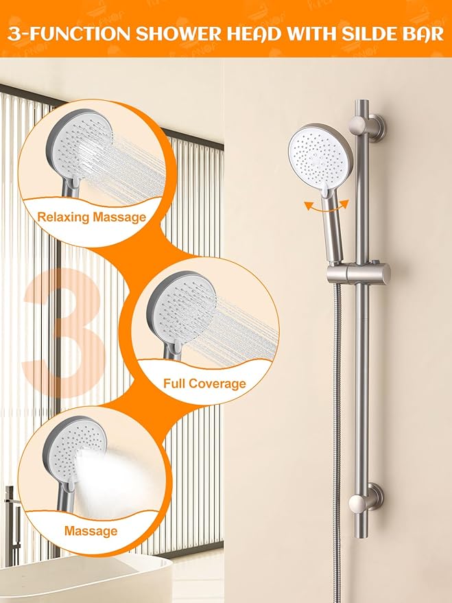 Handheld Shower Head with Slide Bar, 2.5GPM High Pressure 3-Function Adjustable Handheld Shower Head with 59-Inch Hose and Adjustable Holder (Nickel)